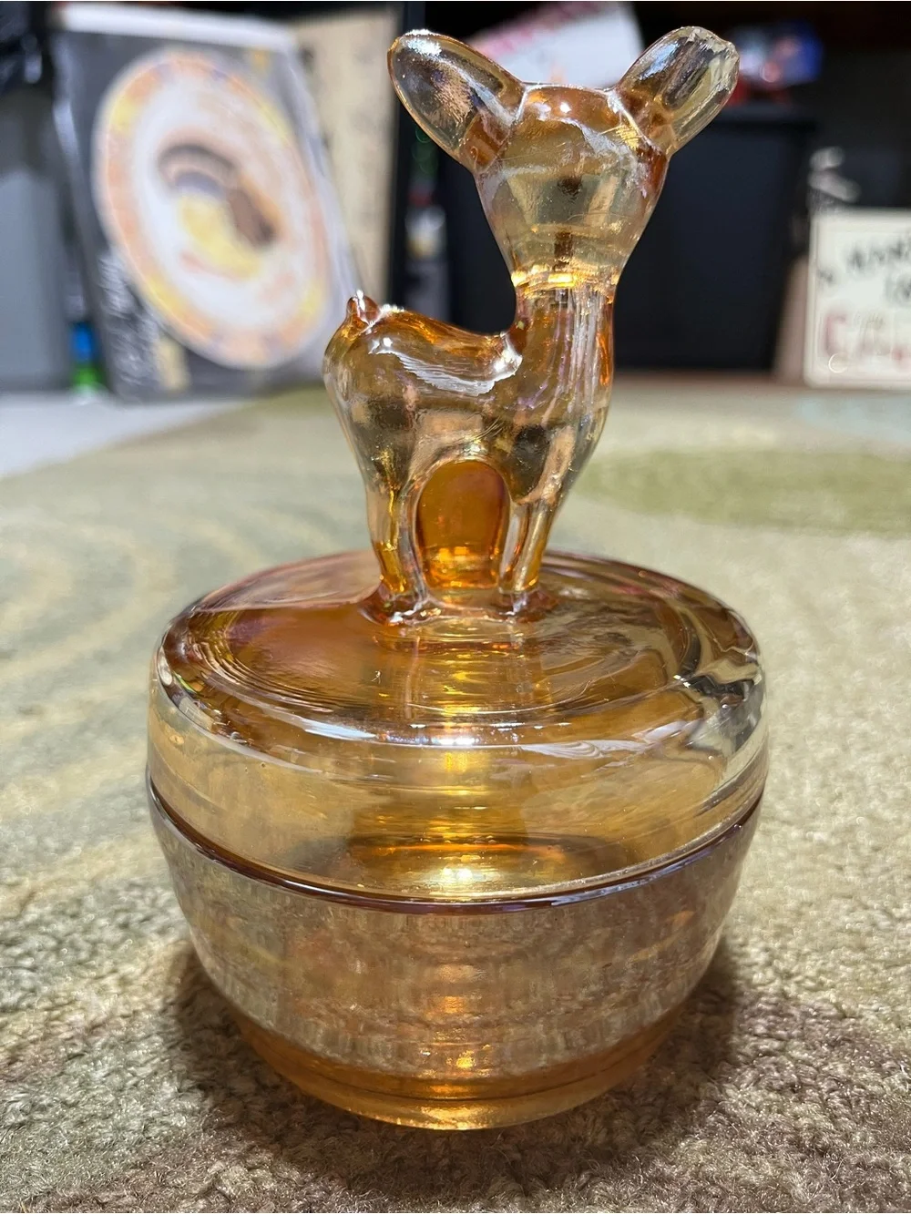 Amber Glass Deer Trinket Jar - Decorative Home Accent. Jeanette Glass